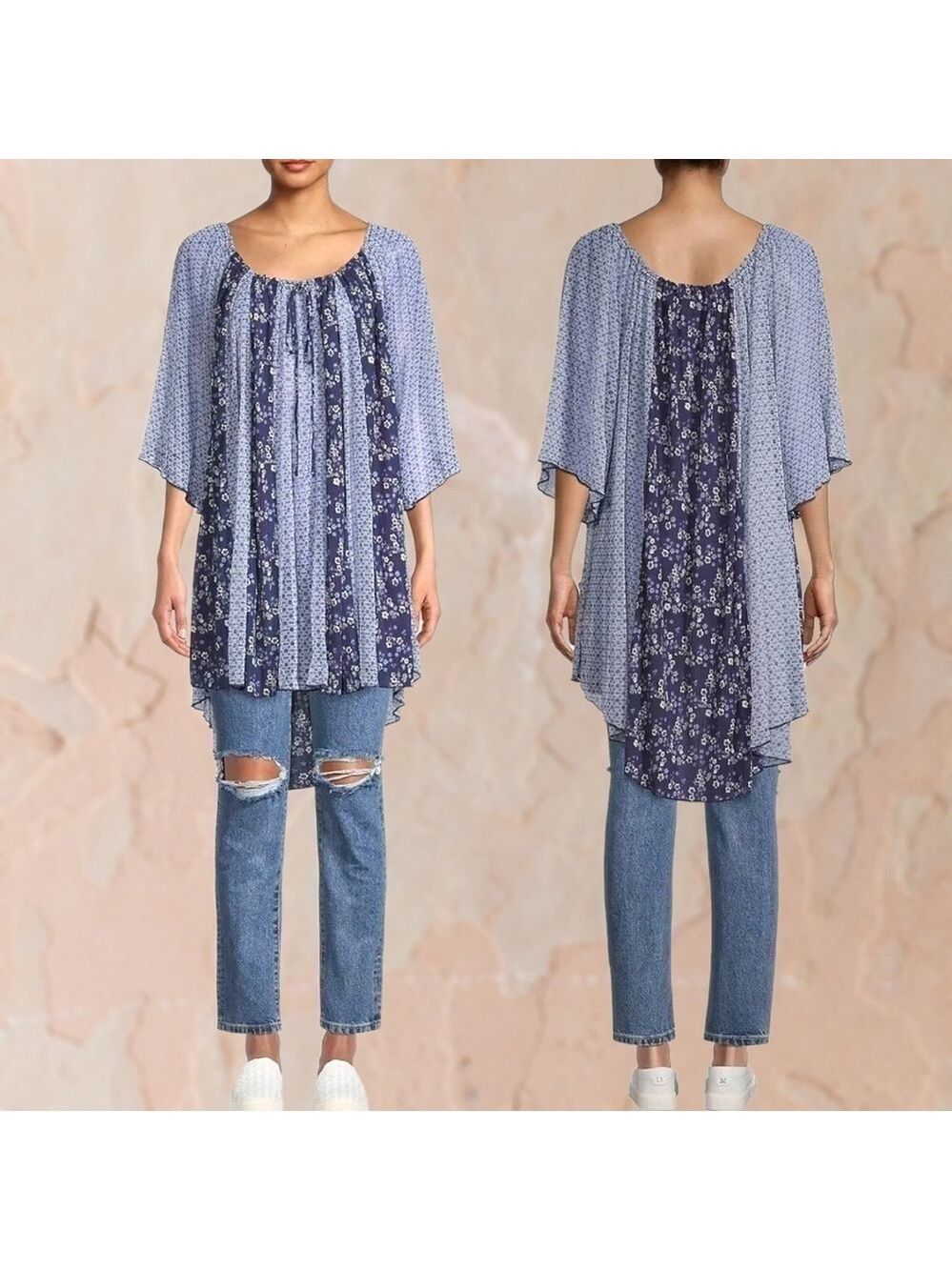 FREE PEOPLE Because I Love You OVERSIZED Flowy Contrast-Fabric Tunic Top NWT/Md - Picture 5 of 13